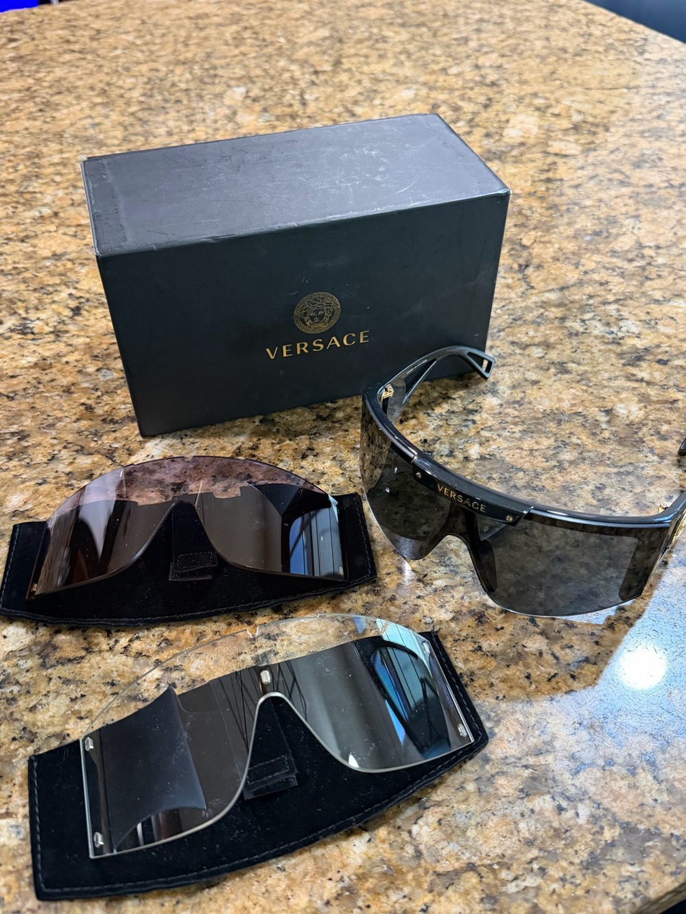 Versace Black Shield Sunglasses with Interchangeable Lenses